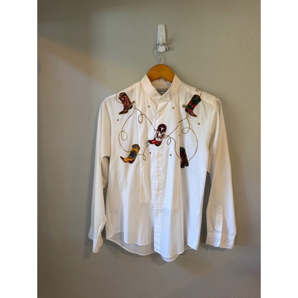 Wayne Scott Western Shirt Women Medium White Embroidered Cowboy Boots Tuxedo Bib